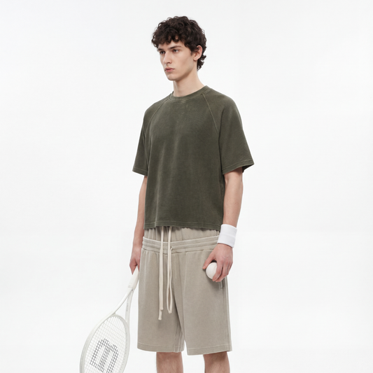 boxy waffle distressed raglan tee in faded green, streetwear outfit
