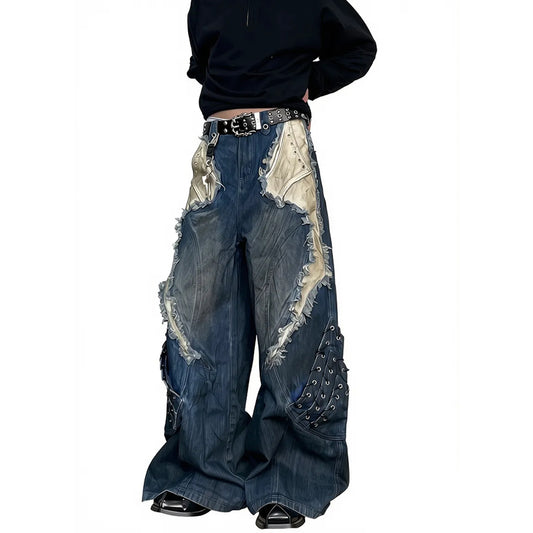 Y2K oversized baggy denim jeans with gothic lace-up detail