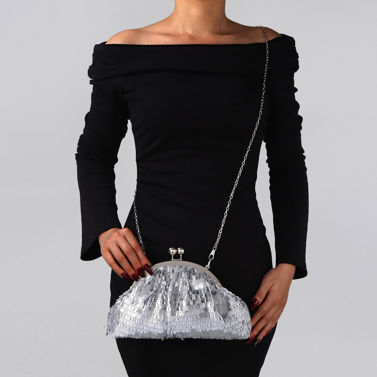 Metallic silver sequin handbag for cocktail parties