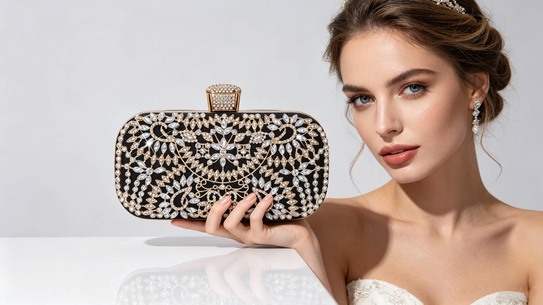 Designer style crystal clutch bag with secure clasp closure