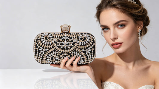 Designer style crystal clutch bag with secure clasp closure