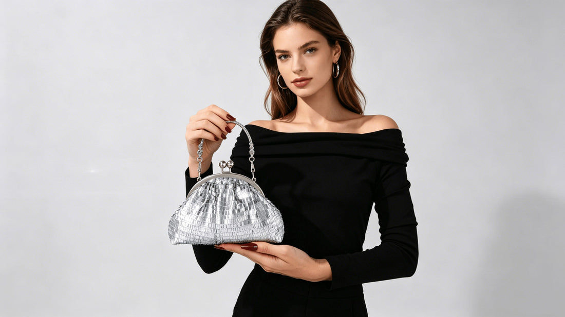 Elegant silver sequin clutch with detachable chain