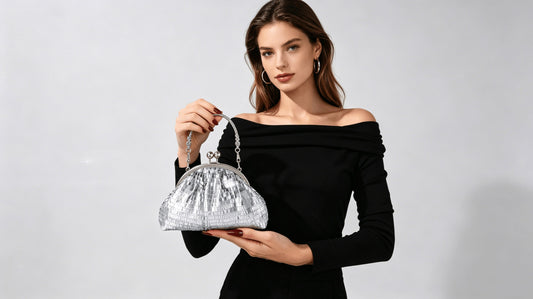 Elegant silver sequin clutch with detachable chain