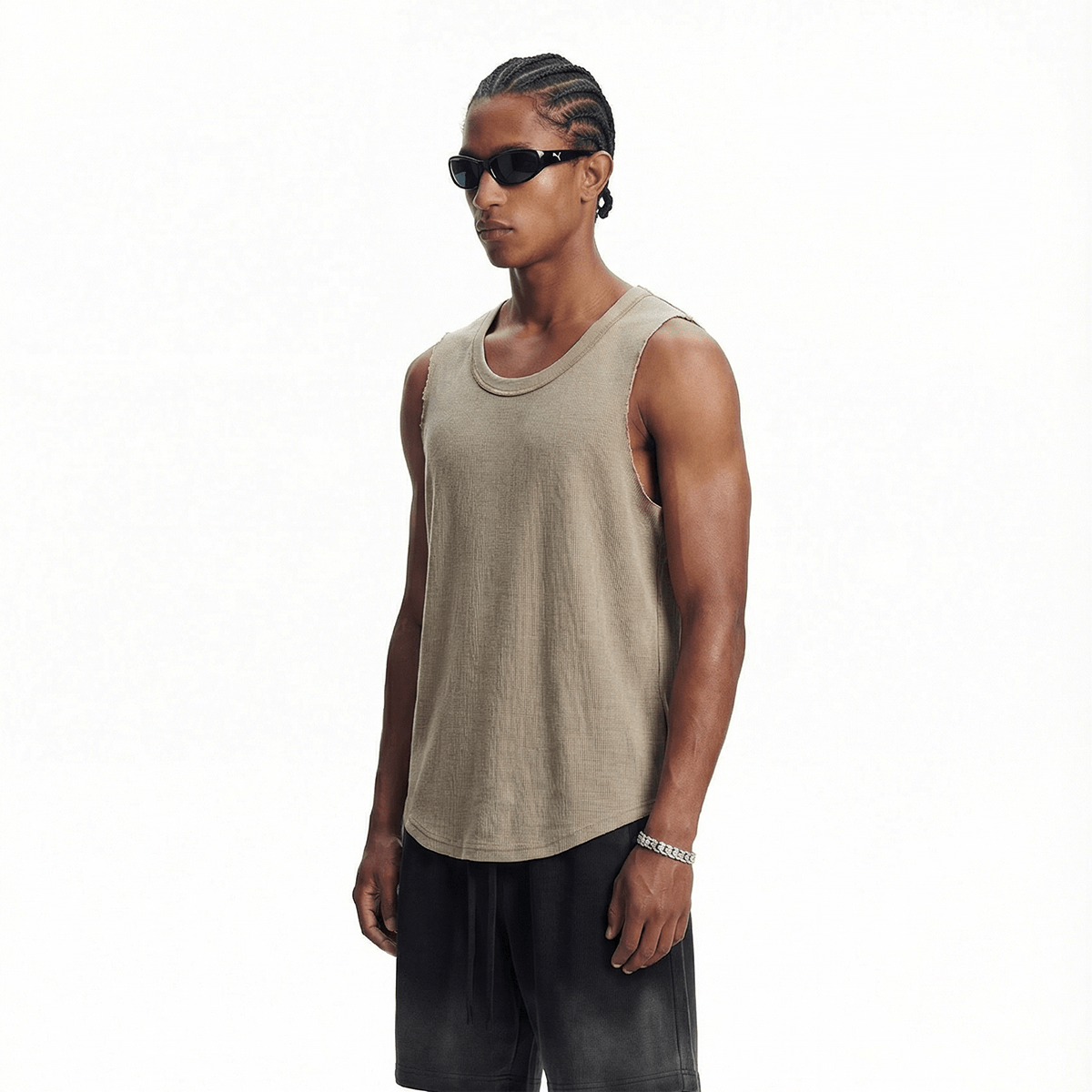 Wax-Dye Waffle Knit Vintage Washed U-Neck Tank Top