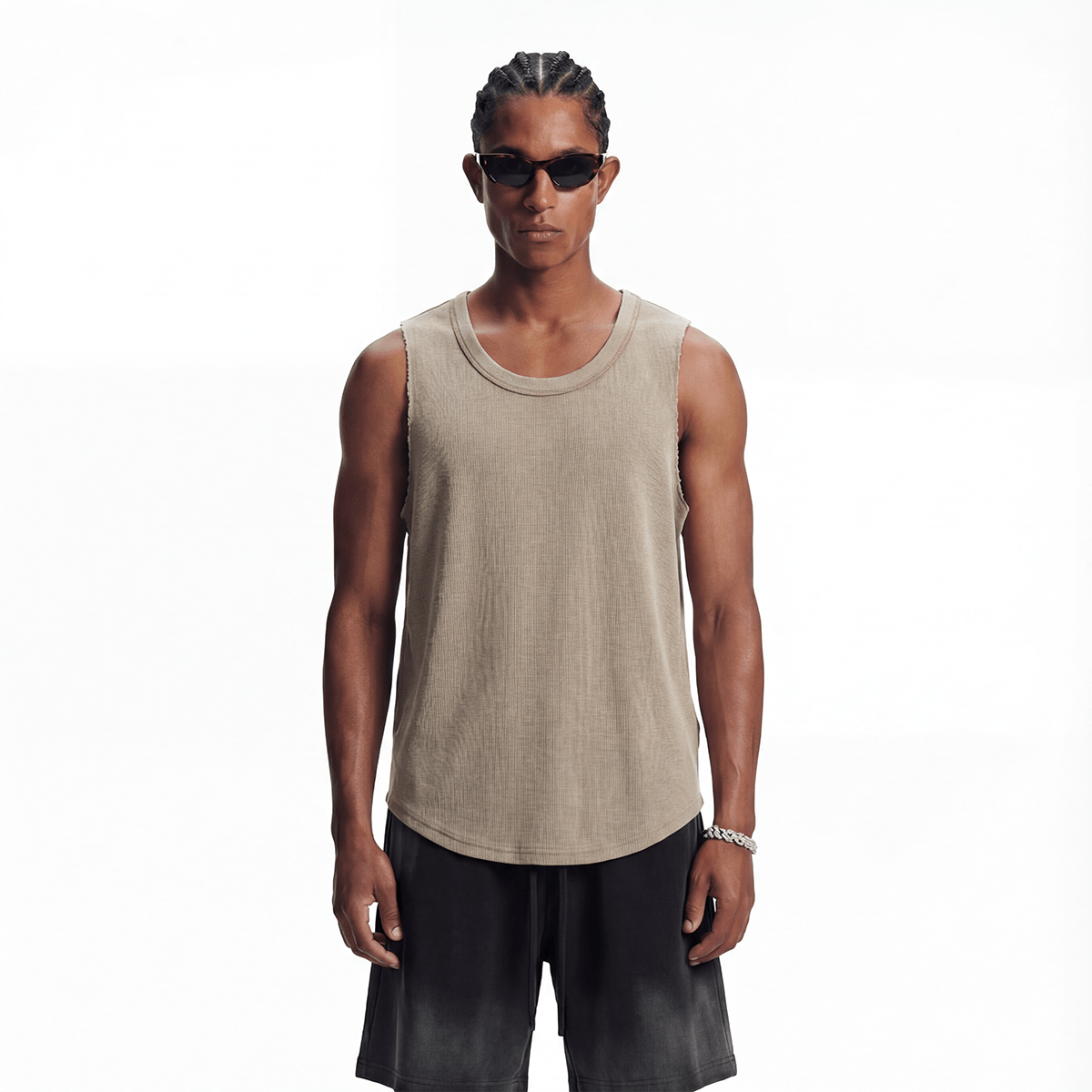 Wax-Dye Waffle Knit Vintage Washed U-Neck Tank Top