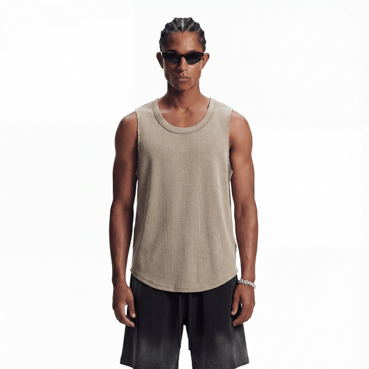 Wax-Dye Waffle Knit Vintage Washed U-Neck Tank Top