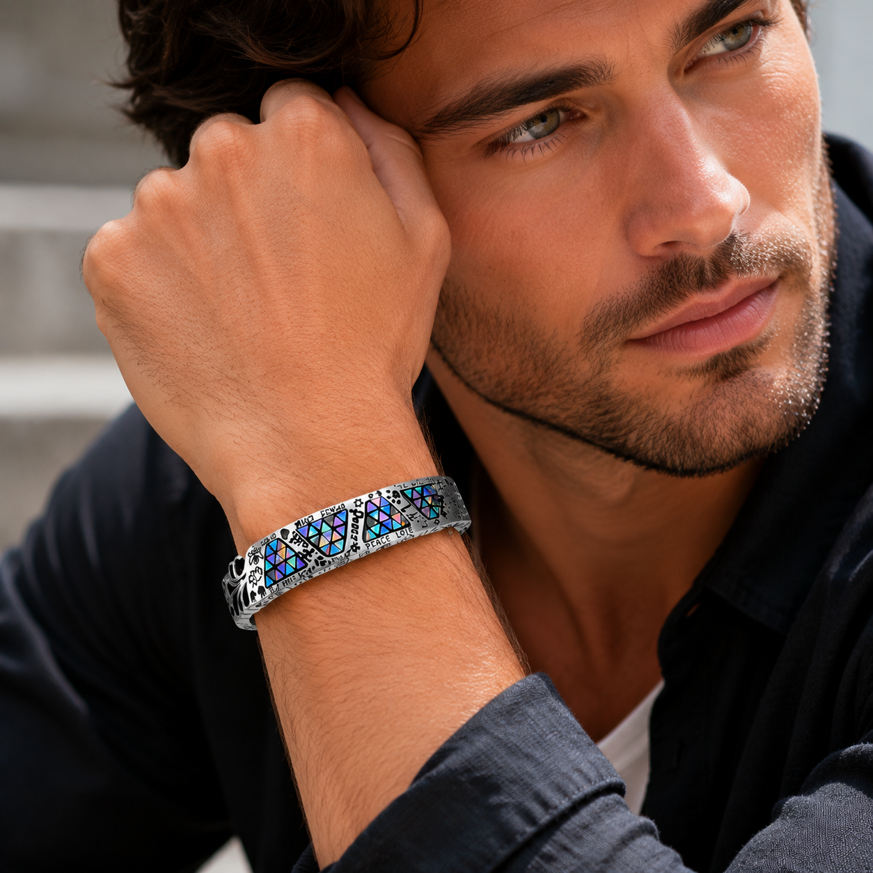 Vintage Iridescent Mosaic Alloy Cuff Bracelet