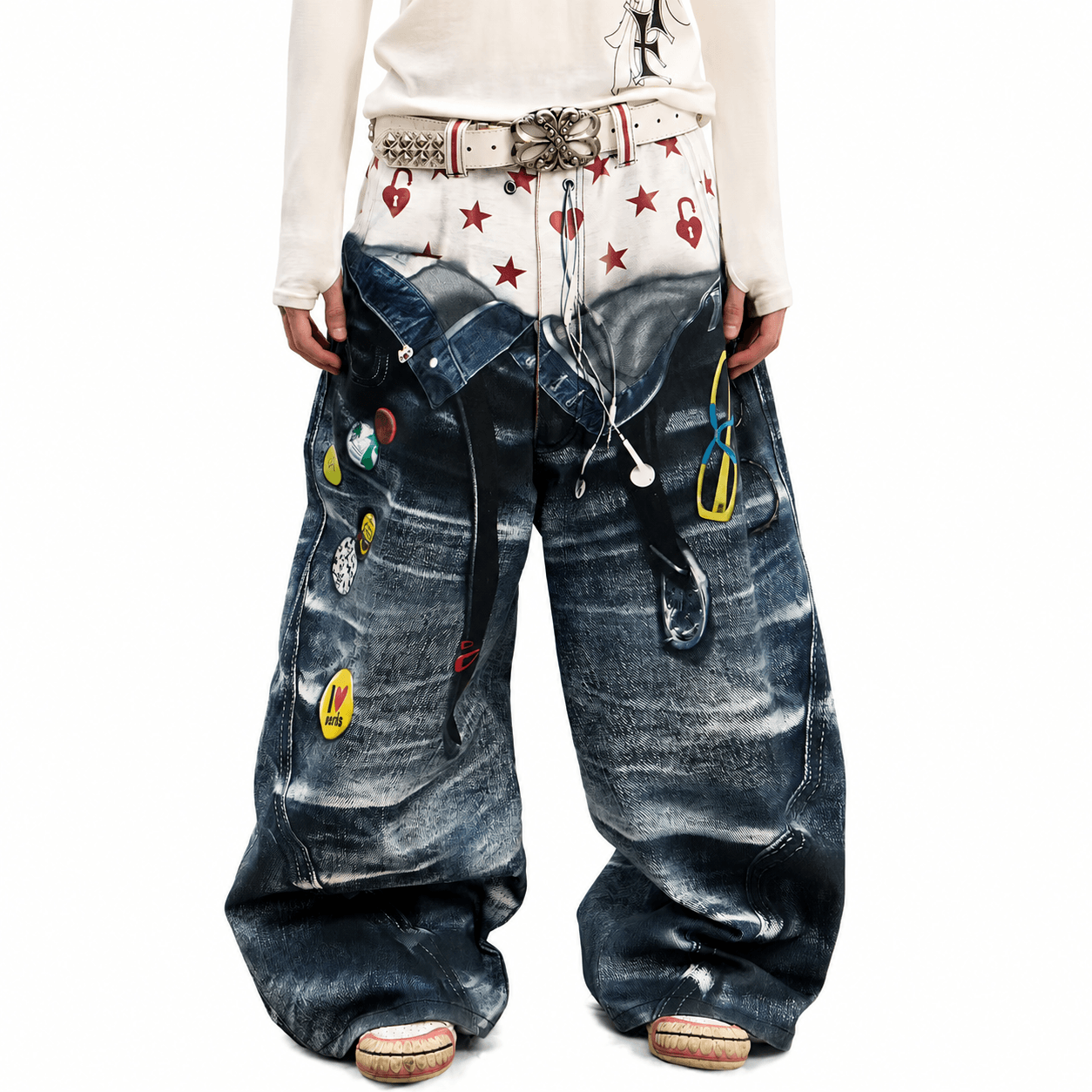 Men's camouflage patchwork flare jeans front view