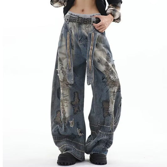 Vintage washed oversized baggy jeans with distressed patchwork