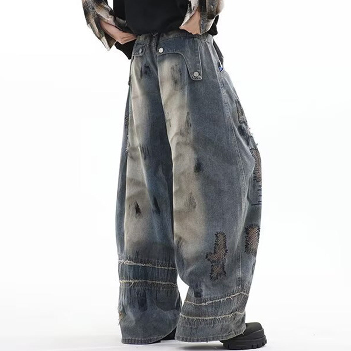 Wide leg streetwear denim pants with embroidery stitching
