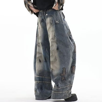 Wide leg streetwear denim pants with embroidery stitching