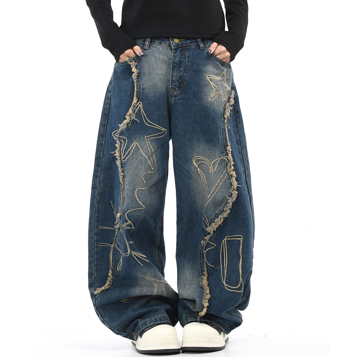Vintage washed oversized baggy jeans with graffiti embroidery