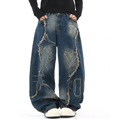 Vintage washed oversized baggy jeans with graffiti embroidery