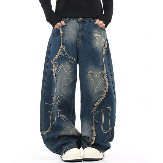 Vintage washed oversized baggy jeans with graffiti embroidery