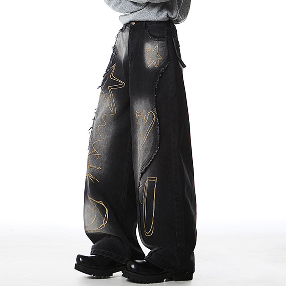Hip hop wide leg jeans with distressed washed finish