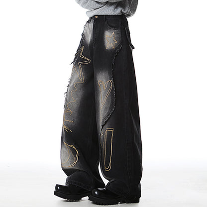 Hip hop wide leg jeans with distressed washed finish