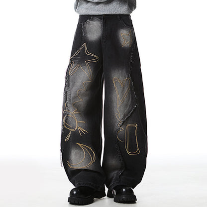 Distressed baggy jeans with artistic embroidery details