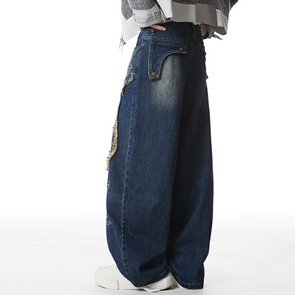 Wide leg streetwear denim pants with distressed stitching