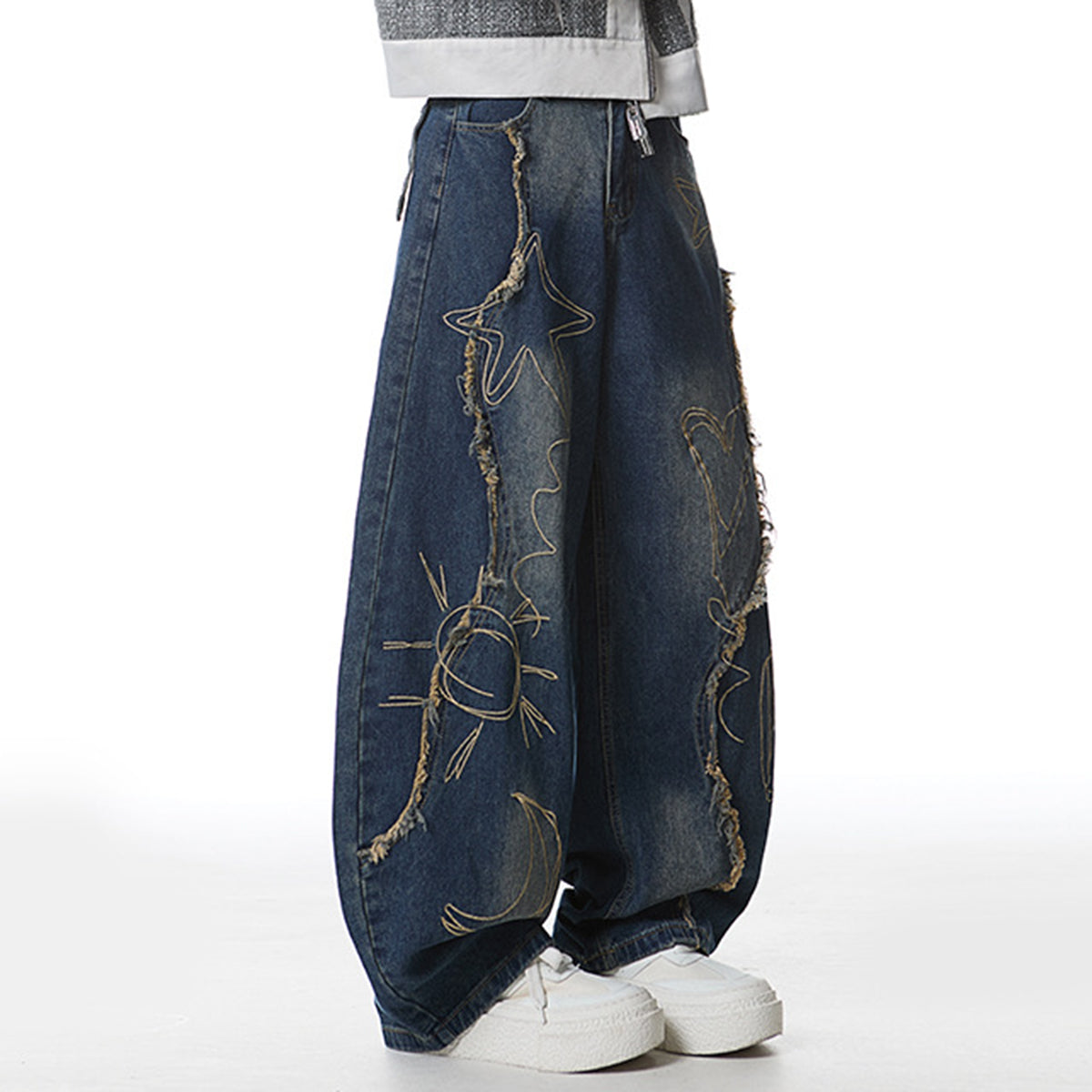 Y2K oversized blue jeans with embroidered star graphics