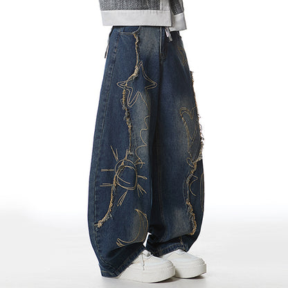 Y2K oversized blue jeans with embroidered star graphics