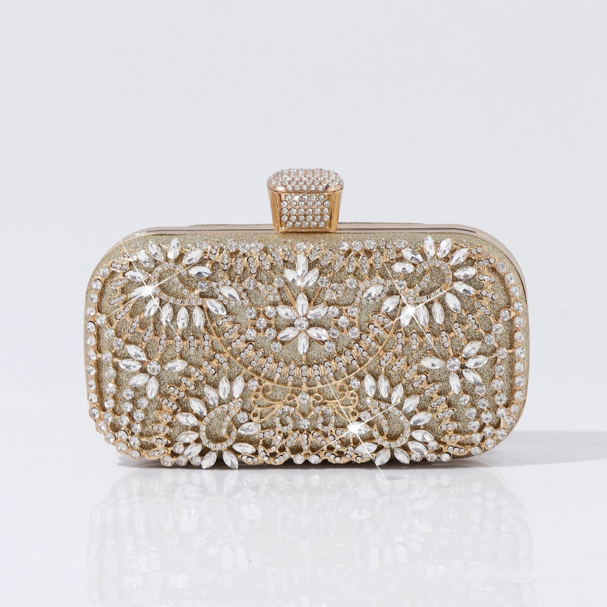 Elegant crystal embellished evening bag with floral pattern