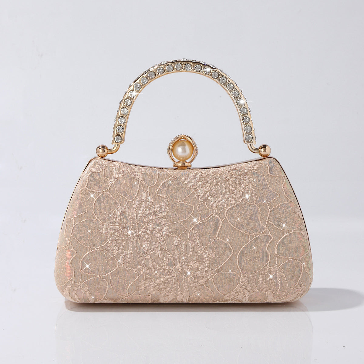 Elegant embroidered lace evening bag with rhinestone handle