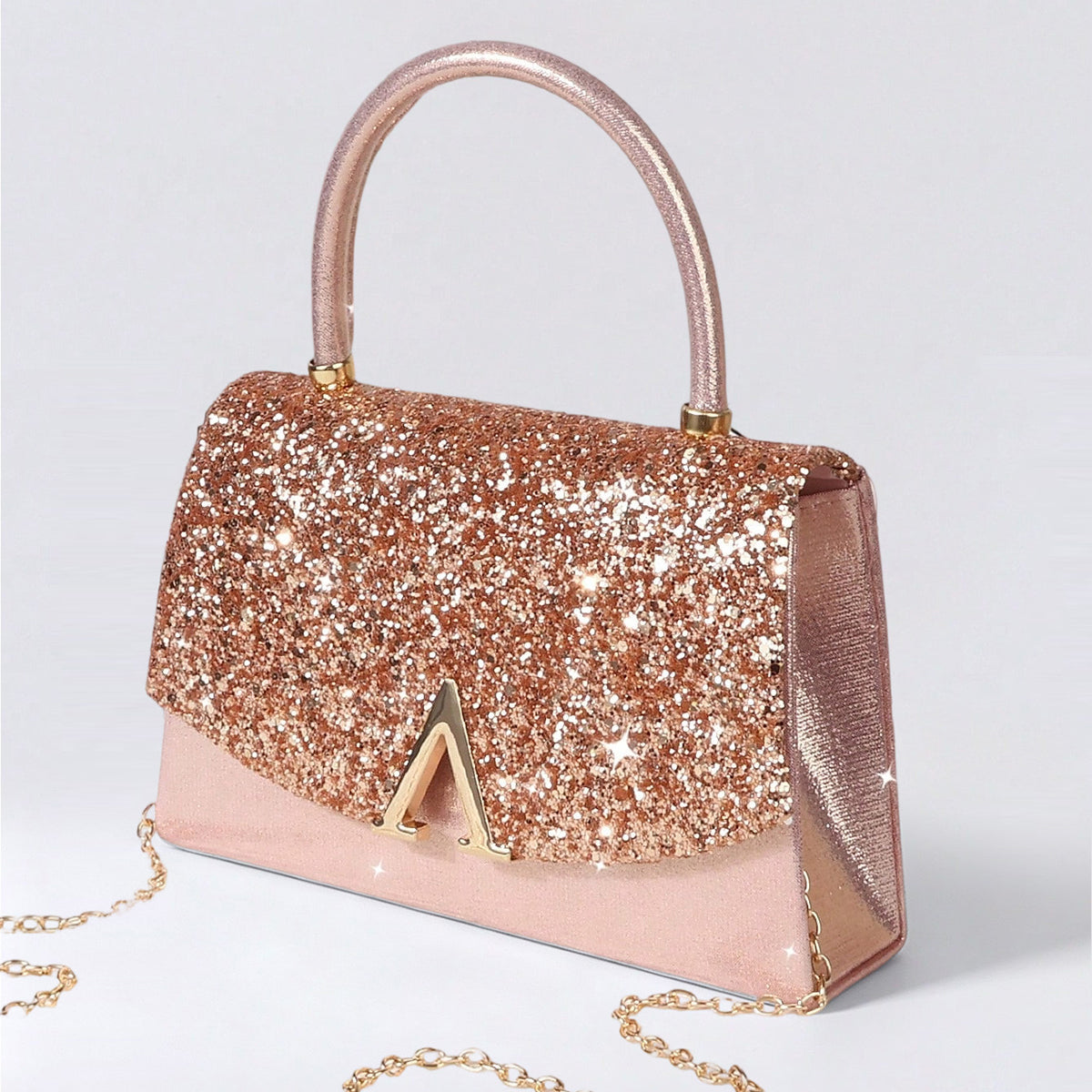 champagne glitter top handle party bag
