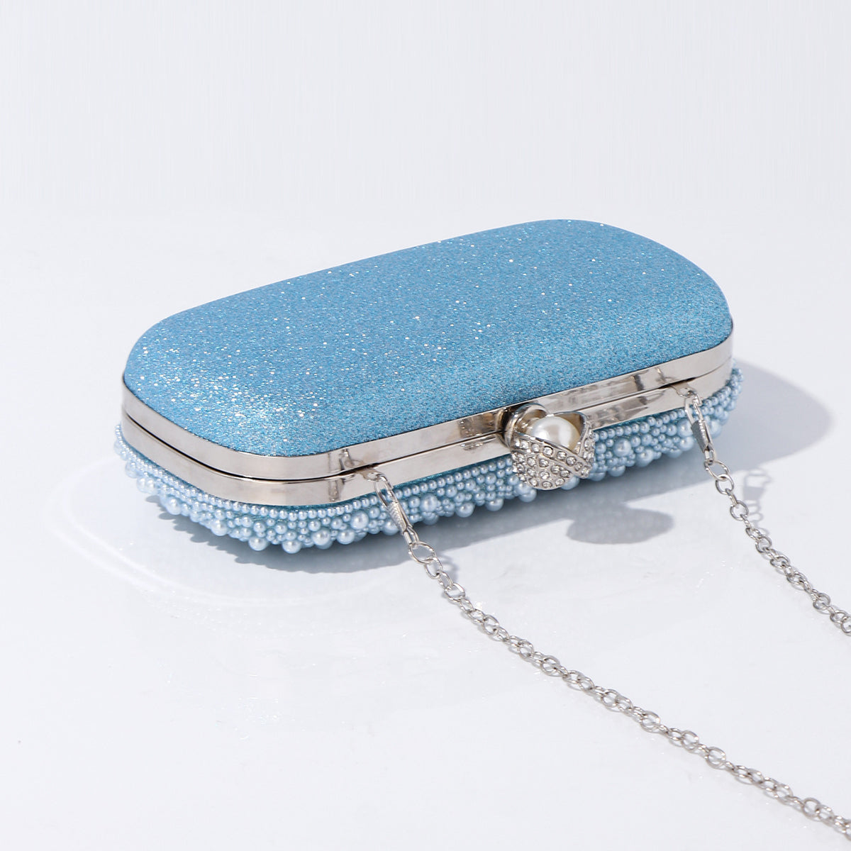 blue pearl beaded bag front and side view