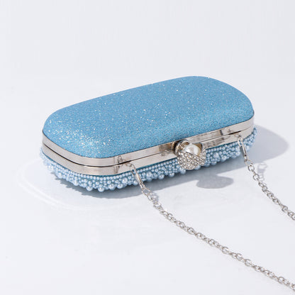 blue pearl beaded bag front and side view