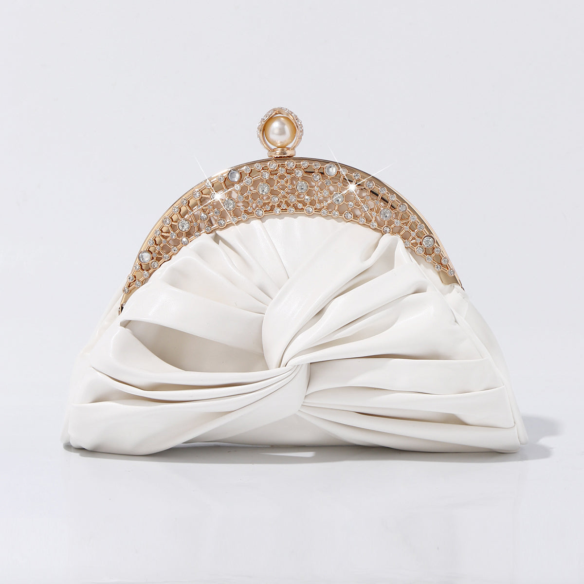 Elegant soft gathered evening bag with rhinestone frame