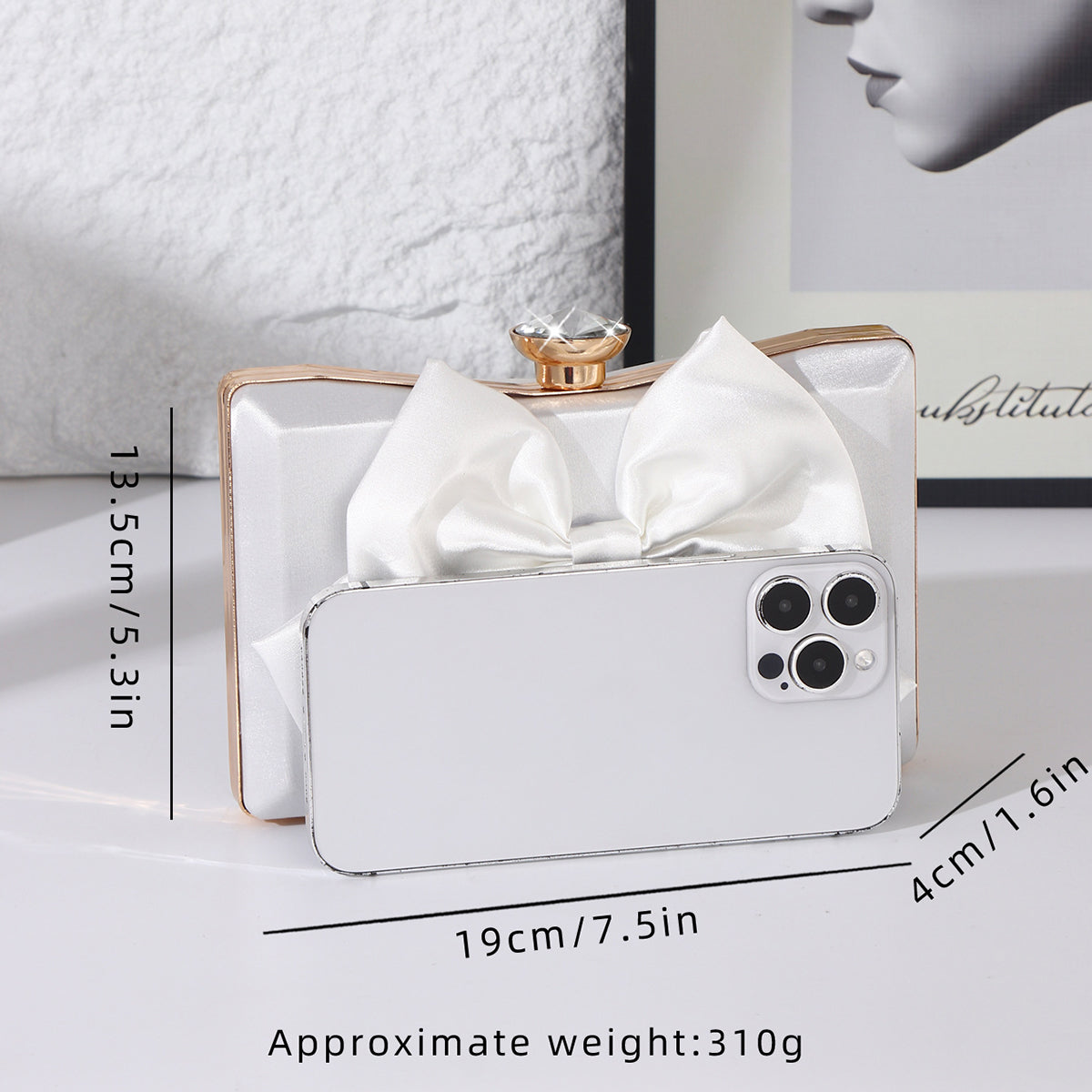 Luxury white formal clutch with gold frame