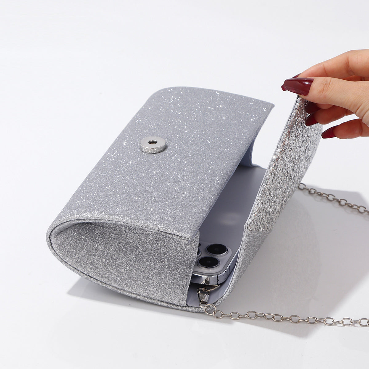 Lightweight silver evening bag with detachable chain