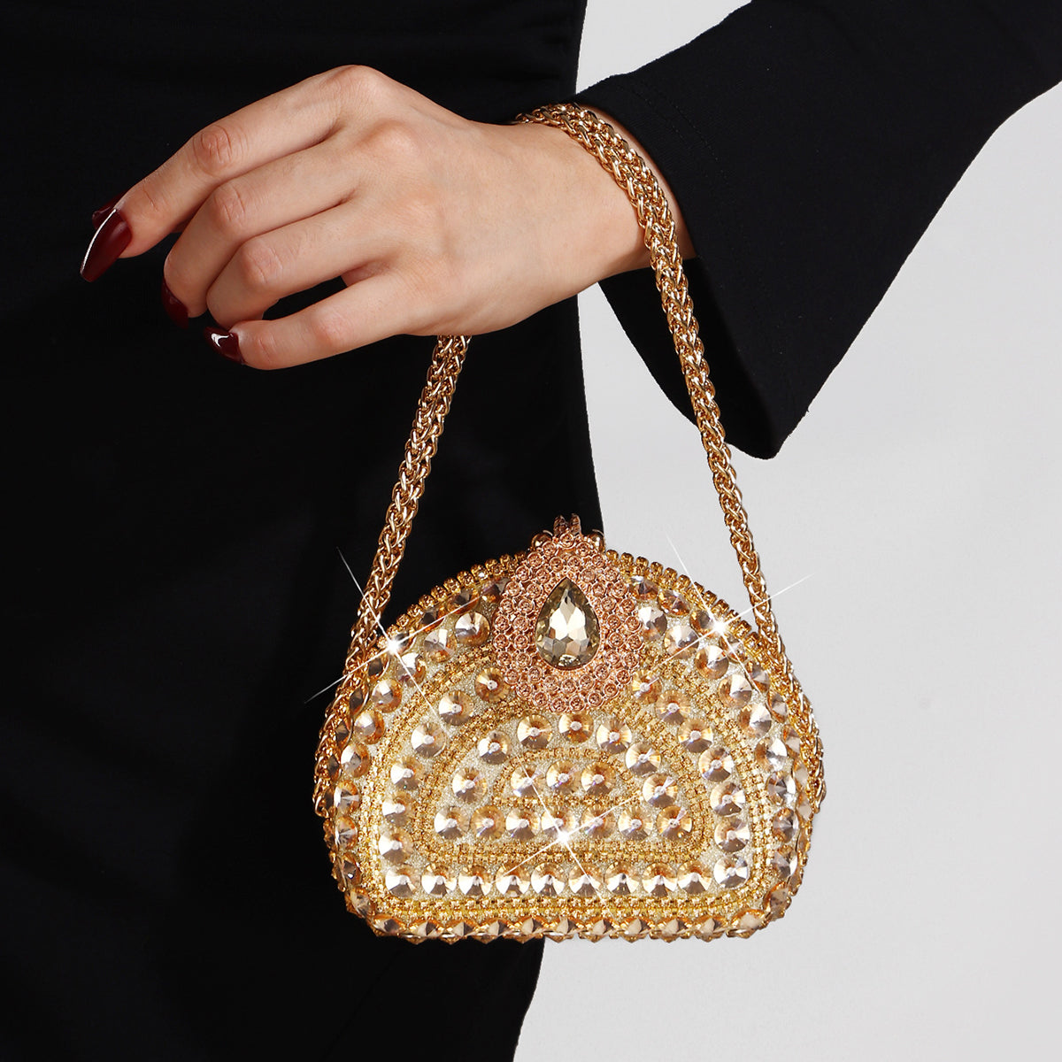 Gold crystal clutch bag for wedding guest outfits