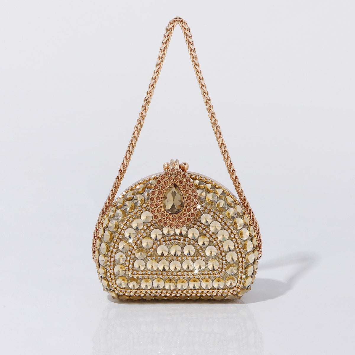 Luxury gold crystal evening clutch bag with rhinestone embellishments