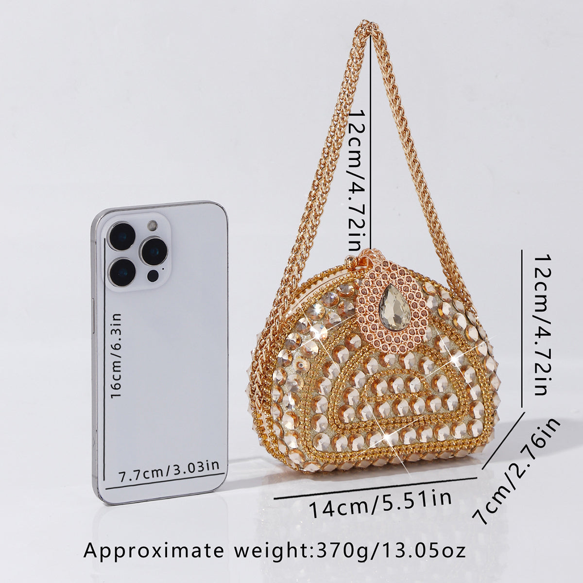 Luxury gold crystal handbag with decorative chain handle
