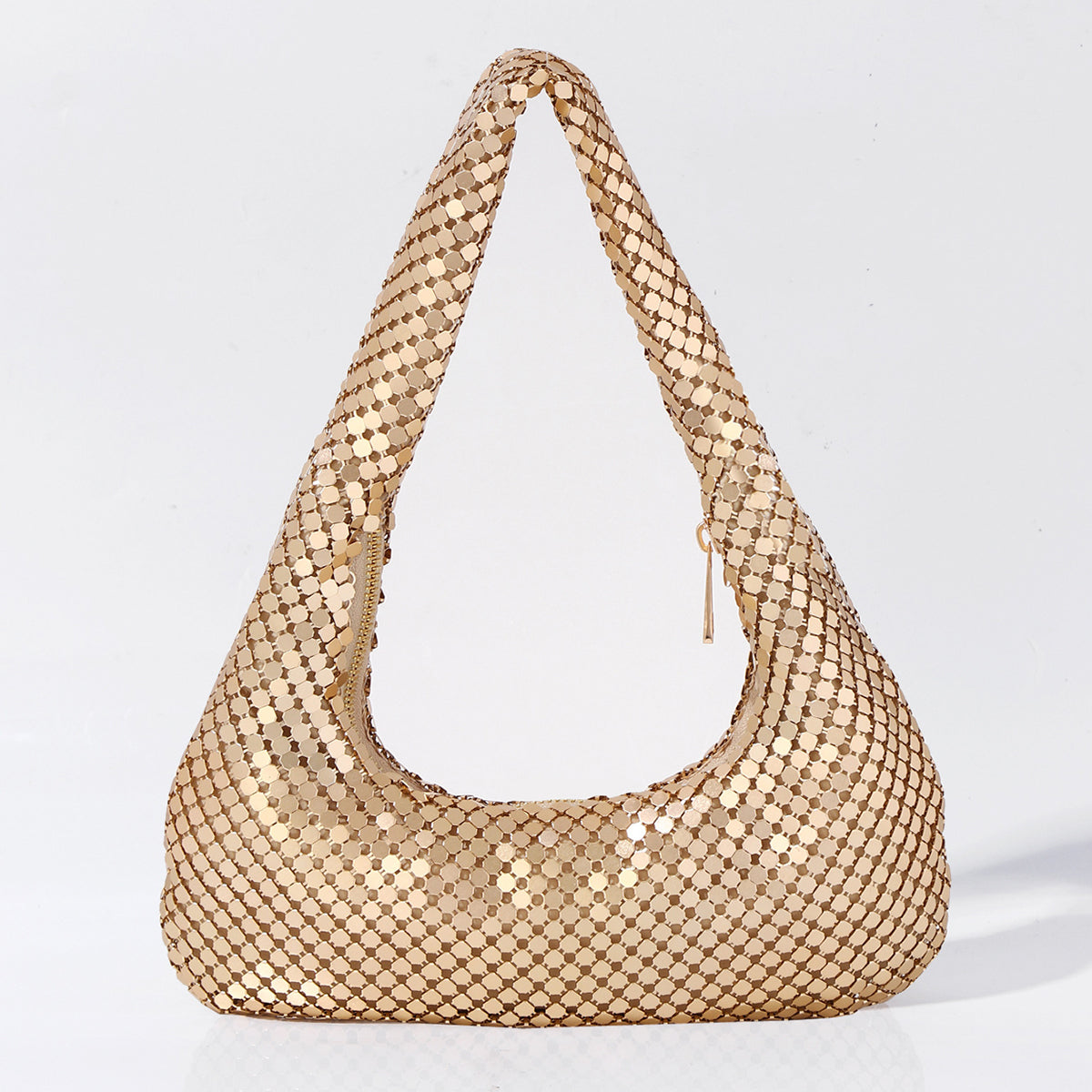 Gold mesh crescent shoulder bag front view