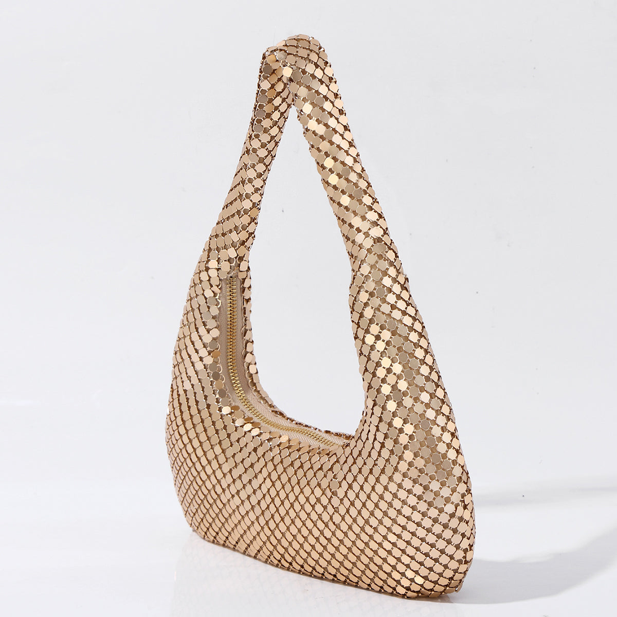 Metallic gold evening handbag close up detail