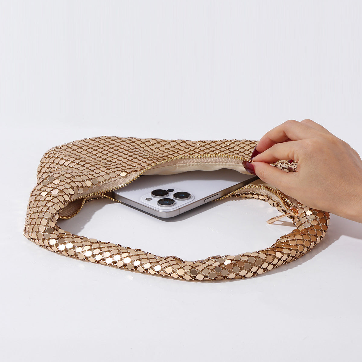 Y2K style gold crescent purse fashion shot