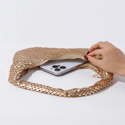 Y2K style gold crescent purse fashion shot