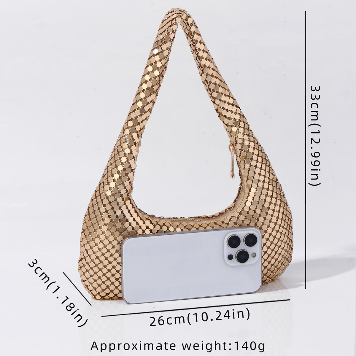 Gold chain mesh texture handbag close detail
