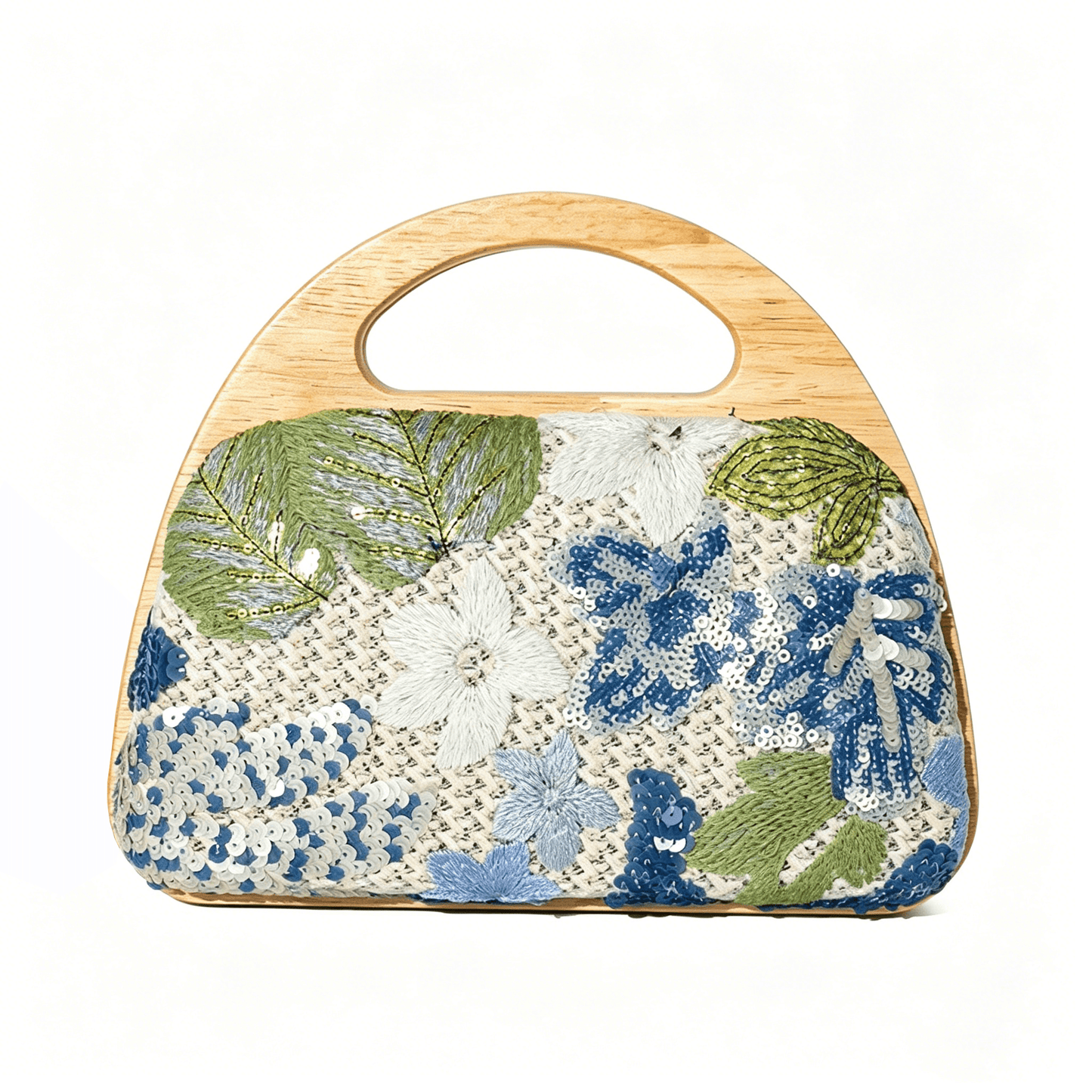 Handcrafted wooden handle straw clutch bag with floral embroidery