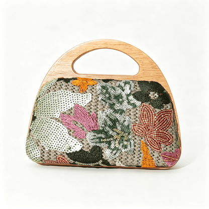 Floral embroidered straw purse with sequin embellishments