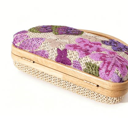 Natural woven straw handbag with solid wood handle