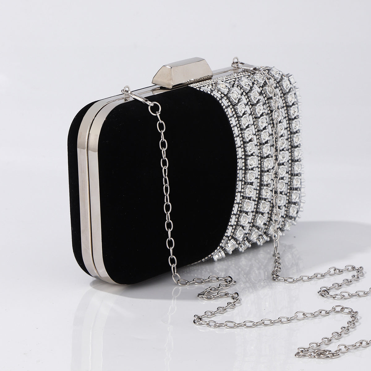 Rhinestone embellished black box purse with chain strap