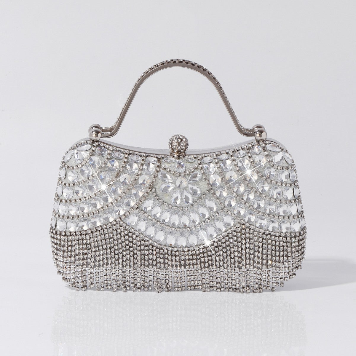Luxury silver rhinestone fringe evening clutch bag