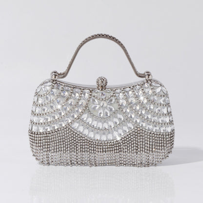 Luxury silver rhinestone fringe evening clutch bag
