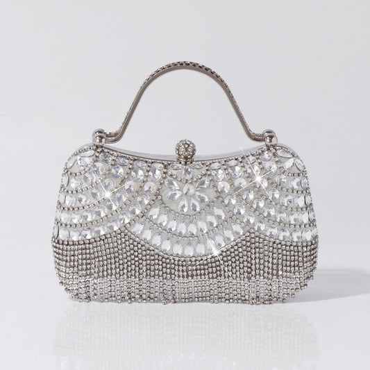 Luxury silver rhinestone fringe evening clutch bag
