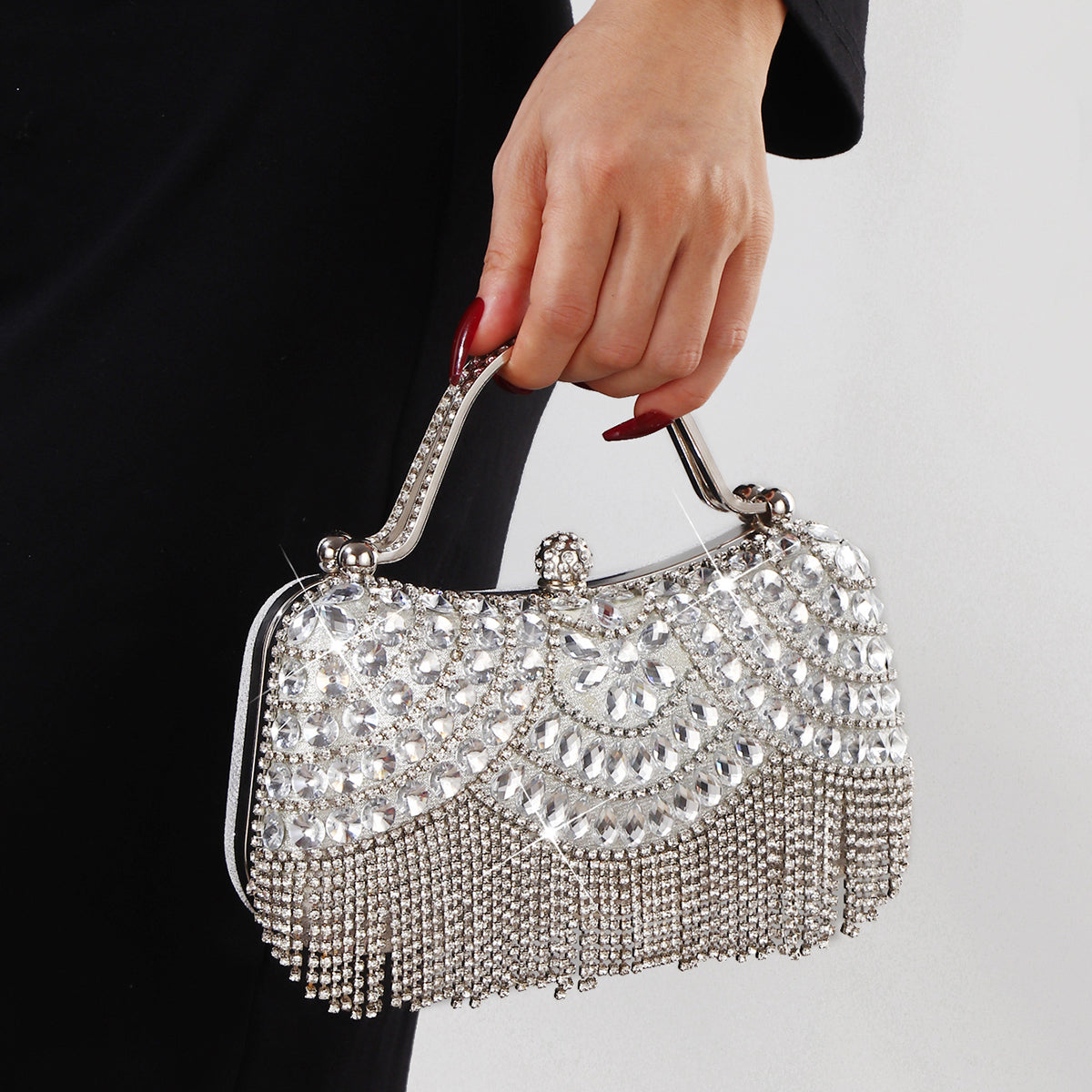 Luxury silver rhinestone handbag with metal handle