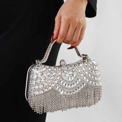 Luxury silver rhinestone handbag with metal handle