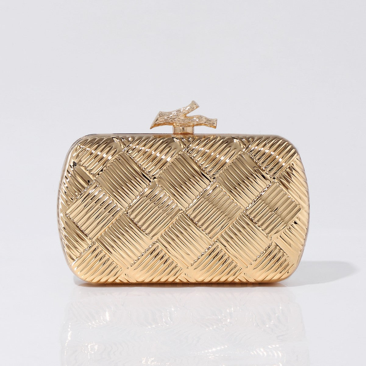 Luxury gold woven metal clutch bag front view